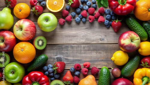 Background made of assorted fresh fruits, vegetables, and berries