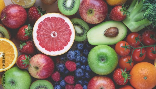 Background made of assorted fresh fruits, vegetables, and berries
