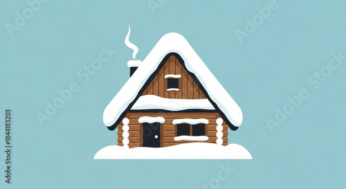Cozy wooden cabin covered in snow winter scene illustration with smoke from chimney isolated on blue