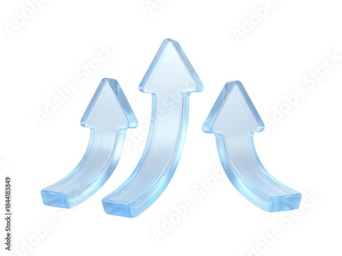 Upward curving translucent pointers with a gentle, arching shape and a soft, glowing blue edge, a 3D glassmorphism arrow icon set isolated on white