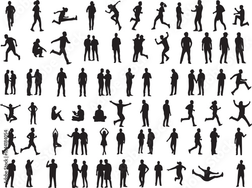 Collection of diverse human silhouette figures in various poses and activities