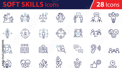 Business and Communication Icon Set, Teamwork Symbols, Leadership Concepts, Innovation Cycle, Emotional Intelligence, Problem Solving, Decision Making, Minimalist Blue Line Art, Organizational
