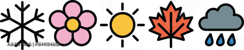 Seasonal weather icon set illustration, snowflake flower sun autumn leaf rain cloud symbols, minimal flat vector design for UI and apps