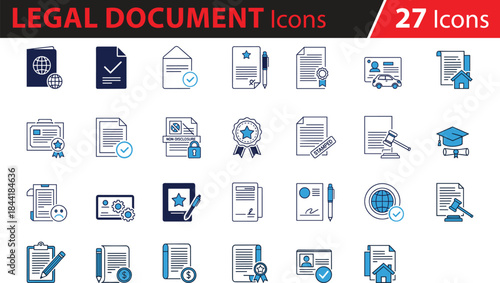 Document and Legal Icon Set, Certification Symbols, Administrative Forms, ID and Approval Graphics, Minimalist Blue Line Art, Legal Paperwork, Global Verification, Stamped Documents