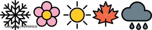 Seasonal weather icon set illustration, snowflake flower sun autumn leaf rain cloud symbols, minimal flat vector design for UI and apps