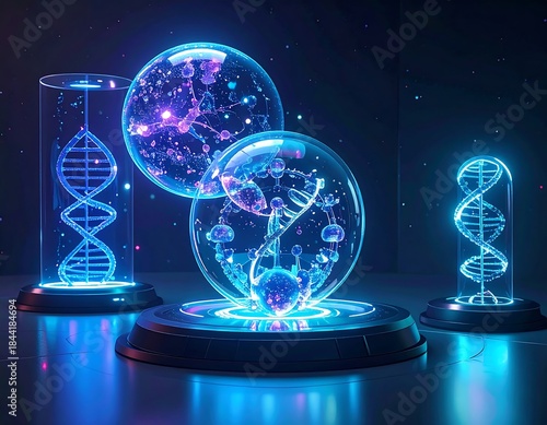Glowing DNA helixes inside orbs with futuristic neon light effects