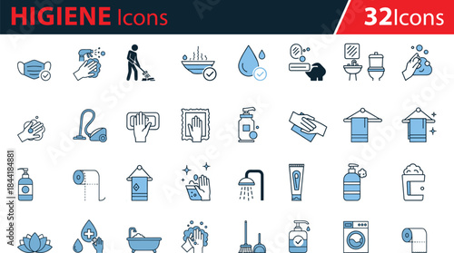 Hygiene and Cleaning Icon Set, Personal Care Symbols, Sanitation Tools, Bathroom Essentials, Handwashing, Face Mask, Soap, Towel, Toilet Paper, Sparkling Clean, Health Safety, Minimalist Blue Vector
