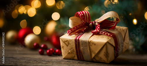 Cozy Christmas Gift Box with Red Ribbon on Wooden Table, Festive Golden Lights Background