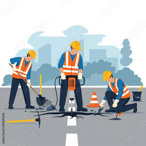 Construction workers repairing road with jackhammer.