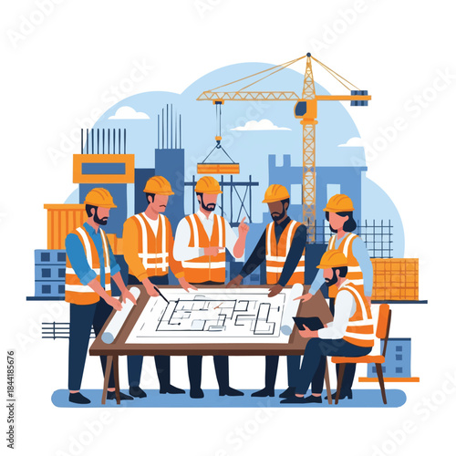 Construction Team Reviewing Blueprint.