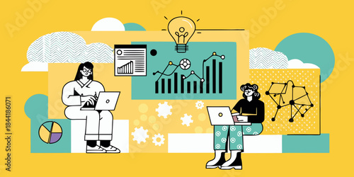 Creative collaboration and data analysis concept with people working on laptops