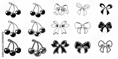 Black and white illustration of cherries and decorative bows arranged in rows