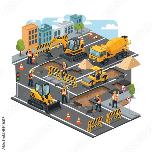 road construction site with workers and machinery.