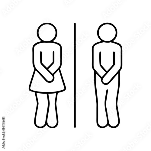 male and female restroom icon in line style. Funny toilet couple symbol, desperate pee Girls and boy wc icon, fun bathroom door signs, humor public washroom , vector illustration