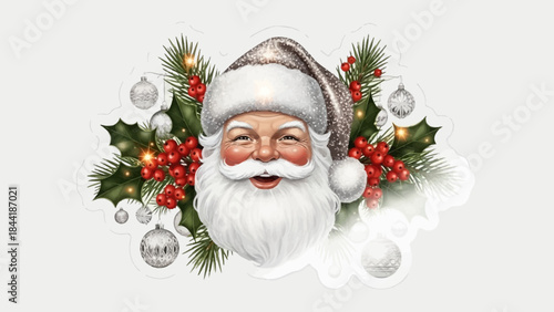 Jolly Santa Claus Face with Festive Christmas Decorations and Holly Berries.