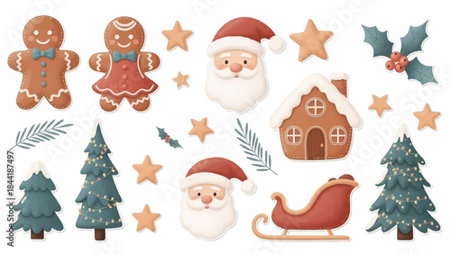 Christmas elements gingerbread cookies Santa Claus sleigh trees and holly.