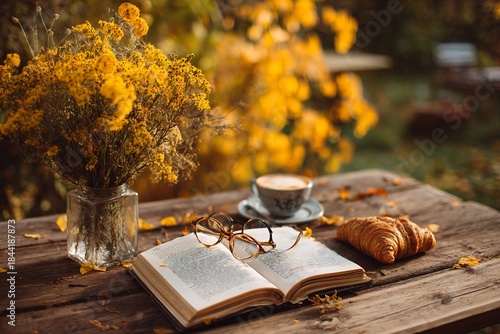 Autumn Still Life With Yellow Flowers And Open Book On Wooden Table