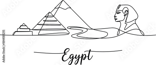 Black and white line of pyramids and sphinx with Egypt text