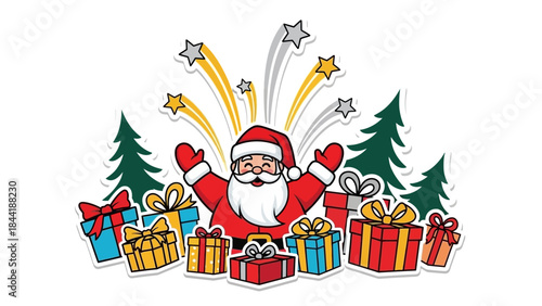 Joyful Santa Claus surrounded by colorful Christmas presents and festive stars.