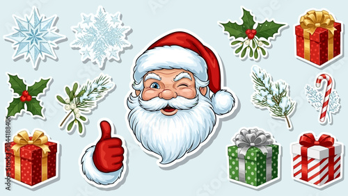 Santa Claus Winking and Giving Thumbs Up Surrounded by Christmas Elements.