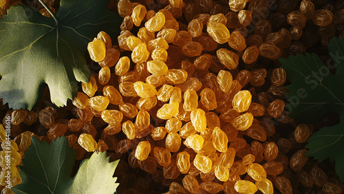 gold raisins with grape leaves, snack, food