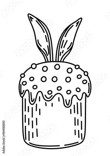 Vector illustration of a hand-drawn Easter cake topped with bunny ears and icing, decorated in line art, black and white style