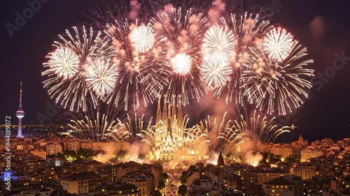 Fireworks Exploding Over Sagrada Familia and Barcelona Skyline at Night