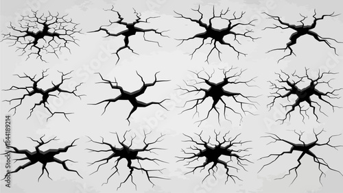 Black crack set, vector broken floor texture, rock crackle kit, earthquake ground crash on white. Damaged dry soil, surface broken cleft, cement split background. Black land crack disaster clipart