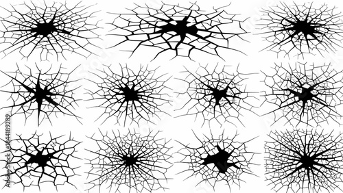 Black crack set, vector broken floor texture, rock crackle kit, earthquake ground crash on white. Damaged dry soil, surface broken cleft, cement split background. Black land crack disaster clipart