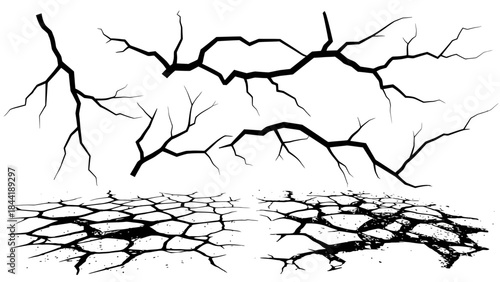 Black crack set, vector broken floor texture, rock crackle kit, earthquake ground crash on white. Damaged dry soil, surface broken cleft, cement split background. Black land crack disaster clipart