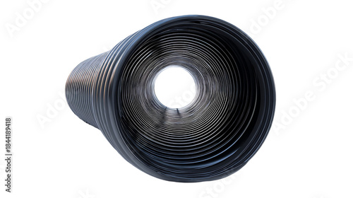 Corrugated drainage pipe black plastic culvert for infrastructure and construction isolated on white background.