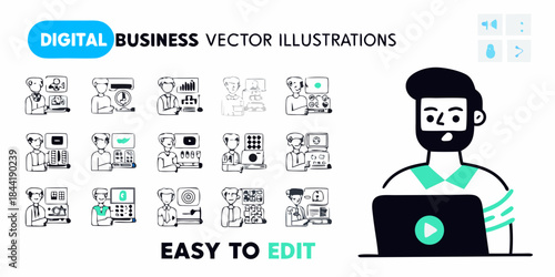 Digital business icons and a person using a laptop illustration