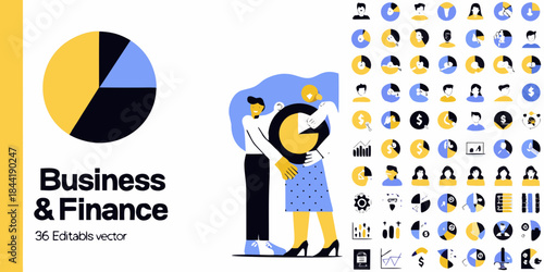 Business and finance illustration with chart icons and a person with a bag