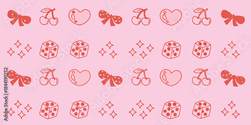 Pink background adorned with repeating patterns of cherries bows hearts and dice