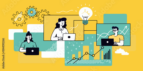 Teamwork innovation and problem solving people collaborating with technology and ideas