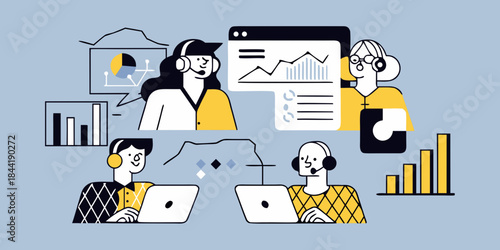Team collaboration and data analysis shown through modern illustration