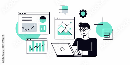 Data analysis and web development illustrated with a person and digital elements
