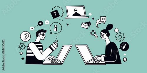 Online meeting with two people discussing ideas and seeking information