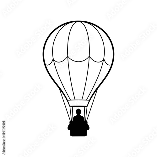 Hot air balloon with person silhouette isolated on white background
