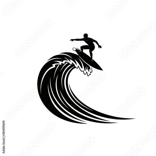 Surfer riding a wave silhouette isolated on white background