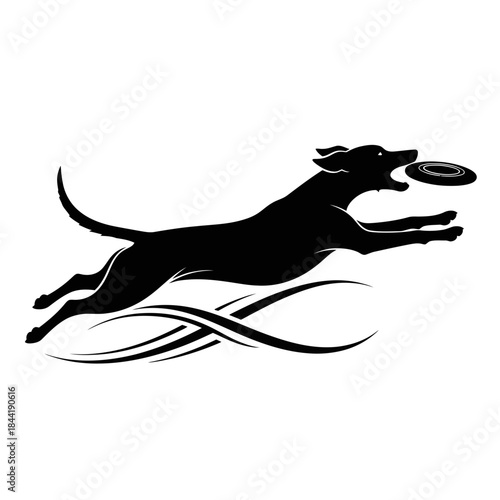Dog catching frisbee in mid air silhouette isolated on white background