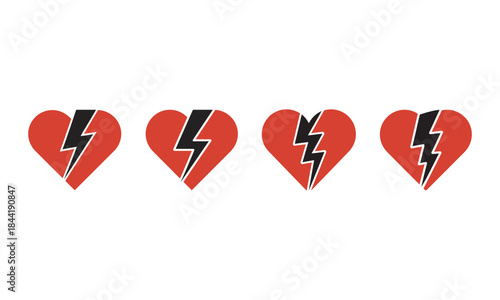 Broken Red Heart with Black Lightning Bolt Icon Set, Heartbreak Symbol, vector illustration