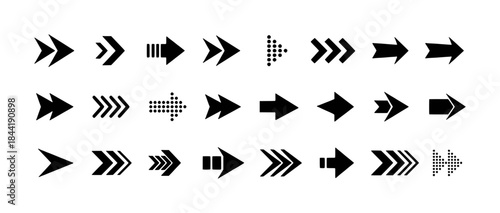 Collection of diverse black arrow icons pointing right on a white background