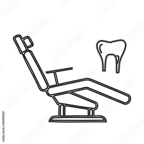 Vector illustration of a modern dental examination chair alongside a healthy molar, symbolizing professional oral healthcare services, treatment, and patient comfort in a clinic setting