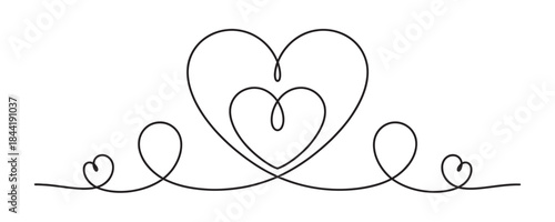 Continuous Line Art Heart Border Divider, Love Swirl Monoline Ornament, vector illustration
