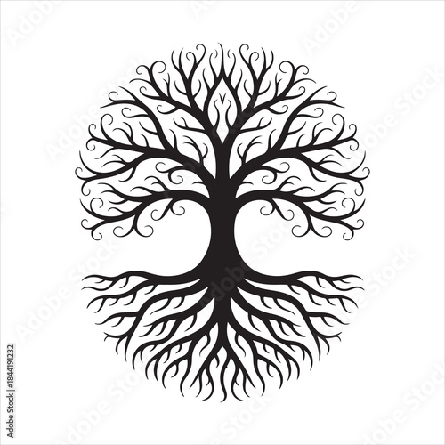 Black tree of life spreading roots and branches vector design