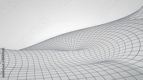 Fototapeta Naklejka Na Ścianę i Meble -  A 3D rendered curved grid pattern creating a tunnel effect. The grid consists of thin black lines forming squares that curve inward, creating a hyperbolic shape.