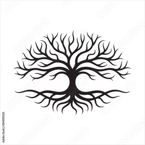 Black tree of life spreading roots and branches vector design