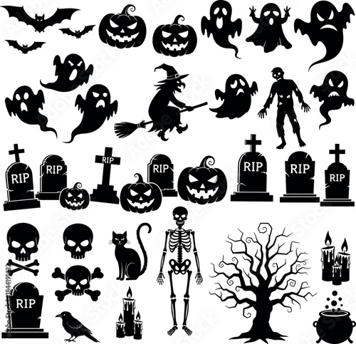 Halloween Black Silhouette Vector Set with Ghosts Pumpkins and Graveyard Elements