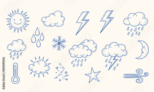 Hand Drawn Weather Symbols Doodle Icon Set. weather icons, hand drawn weather, doodle weather, rain cloud, thunder lightning, snow symbol, weather forecast icons, climate icons, sketch weather